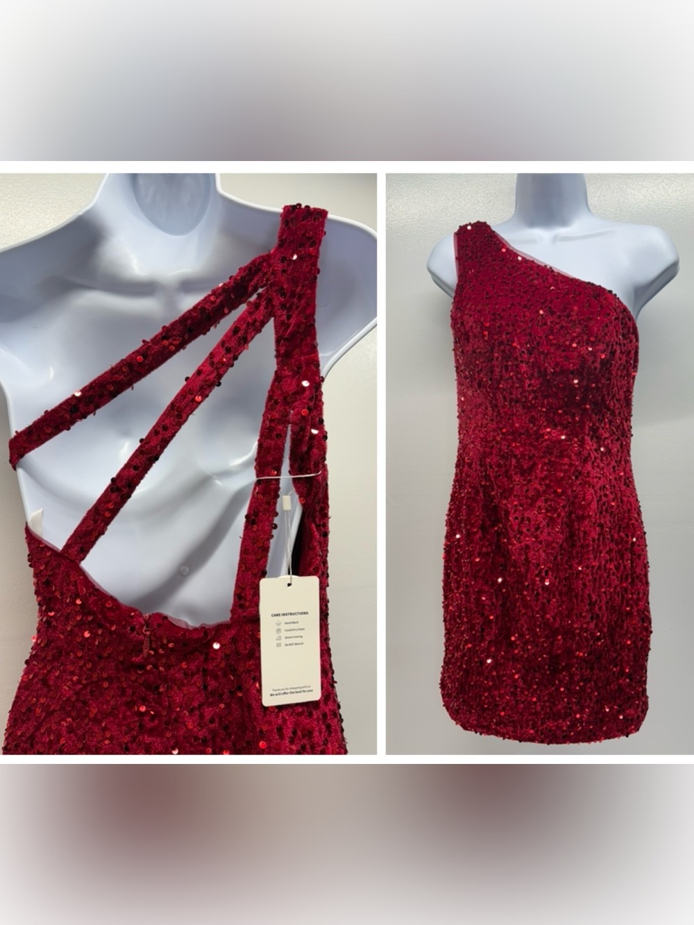 Red One-Shoulder Sequin Party mini Dress size 4 (small)asymmetrical straps new - Picture 9 of 9